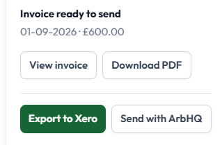 ArbHQ invoice actions including Export to Xero and recording an invoice as sent.