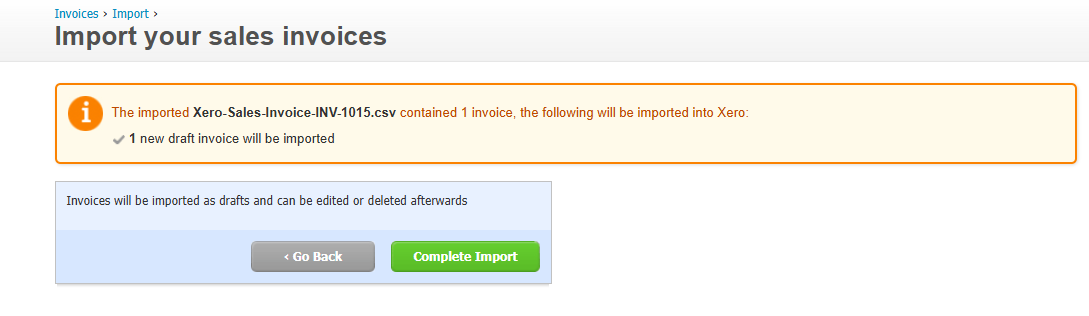 Xero import confirmation showing one new draft invoice and a Complete Import button.