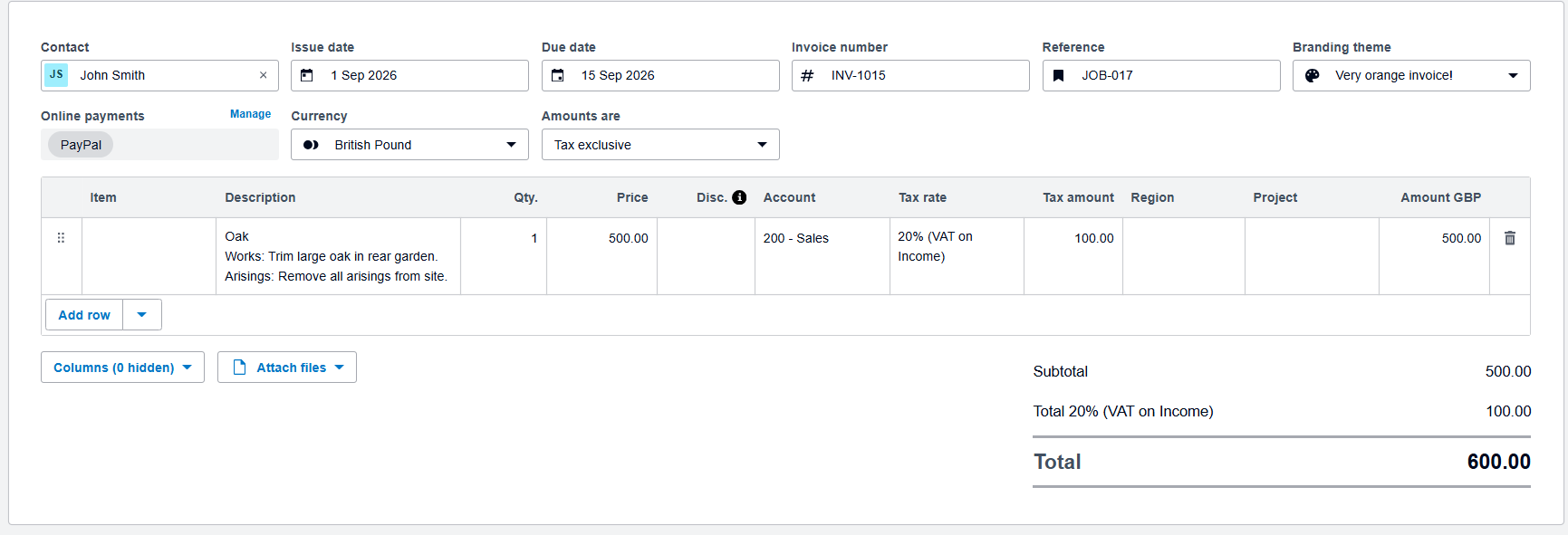 A draft sales invoice in Xero with customer, dates, work description, account, VAT and total ready to review.