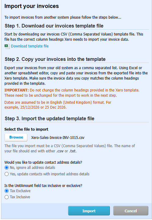 Xero Import your invoices screen showing a selected ArbHQ CSV file, contact address options and Tax Exclusive selected.