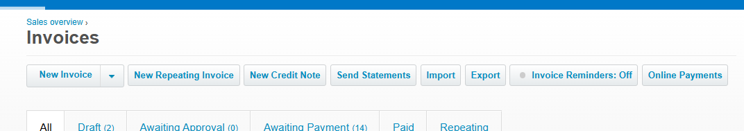 Xero Invoices page with the Import button in the top action row.