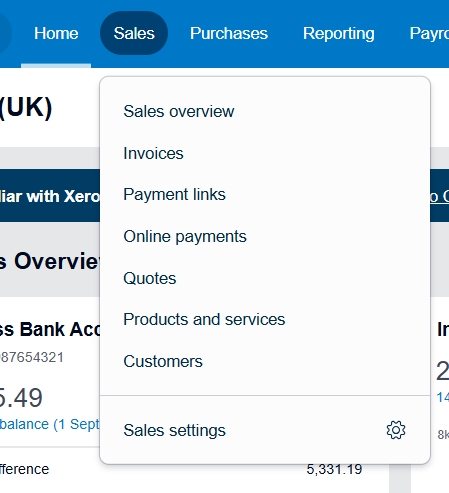 Xero Sales menu with Invoices listed.